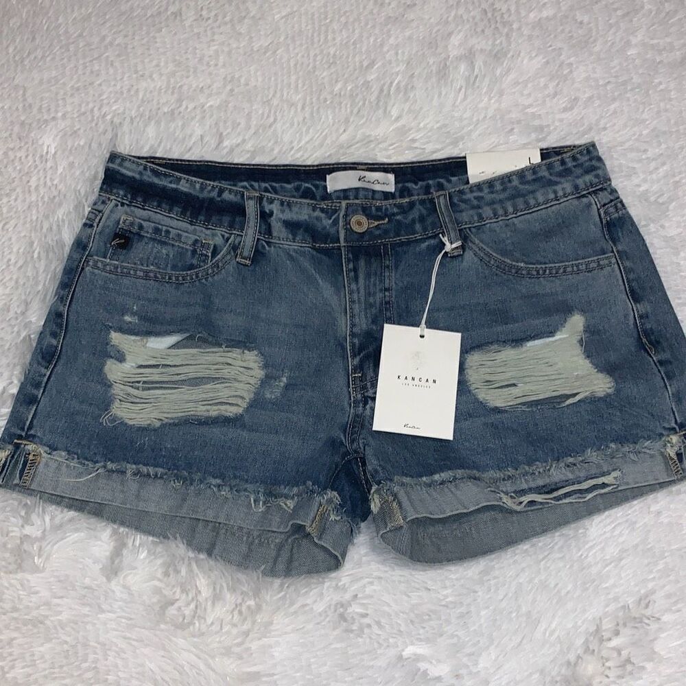 NWT‎ Kancan Mid Rise Distressed CuffJean Shorts Size Large